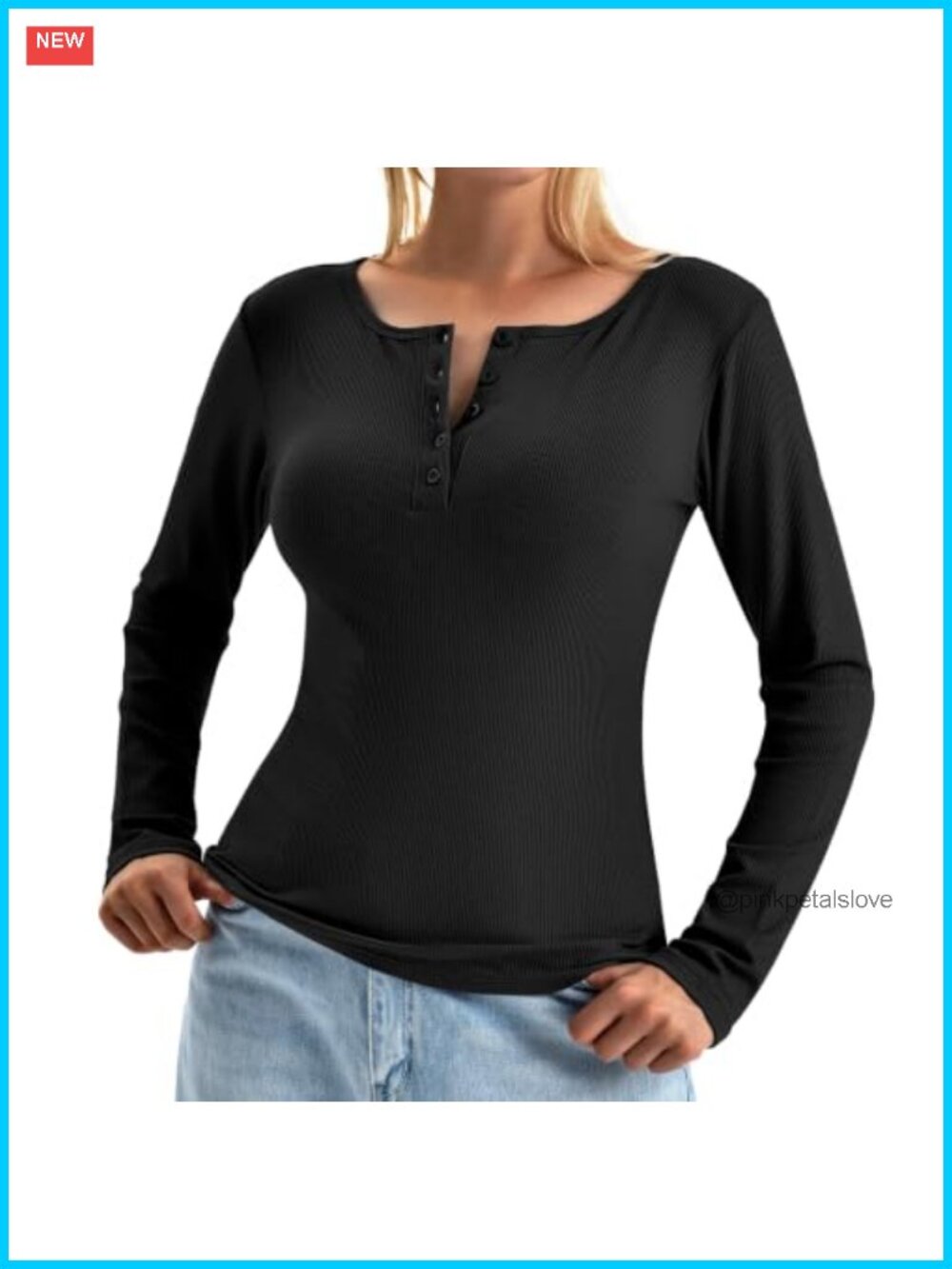 Long Sleeve Henley Shirt Ribbed Knit Slim Fitted Button Neck Top